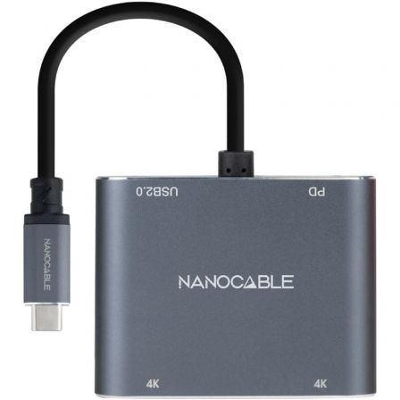 Nanocable Conversor USB-C a 2xHDMI/USB 2.0/PD Gris, 15 cm